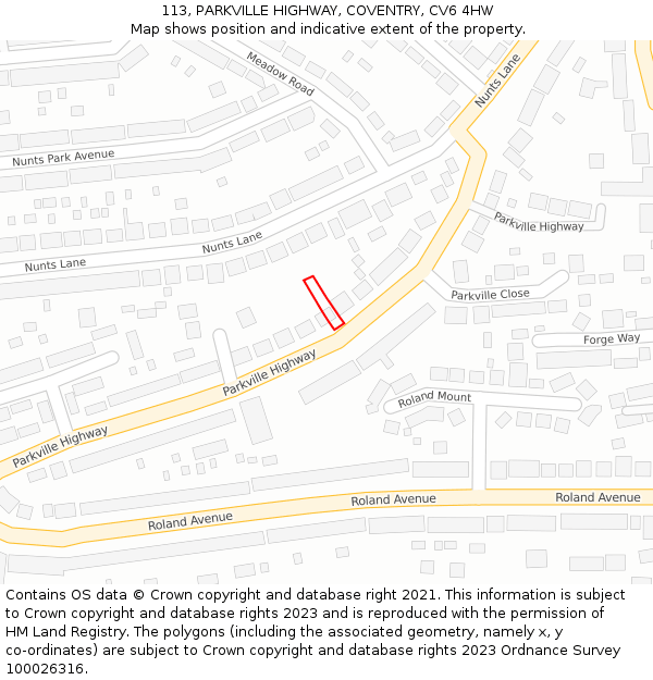 113, PARKVILLE HIGHWAY, COVENTRY, CV6 4HW: Location map and indicative extent of plot