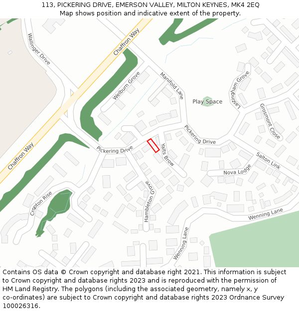 113, PICKERING DRIVE, EMERSON VALLEY, MILTON KEYNES, MK4 2EQ: Location map and indicative extent of plot