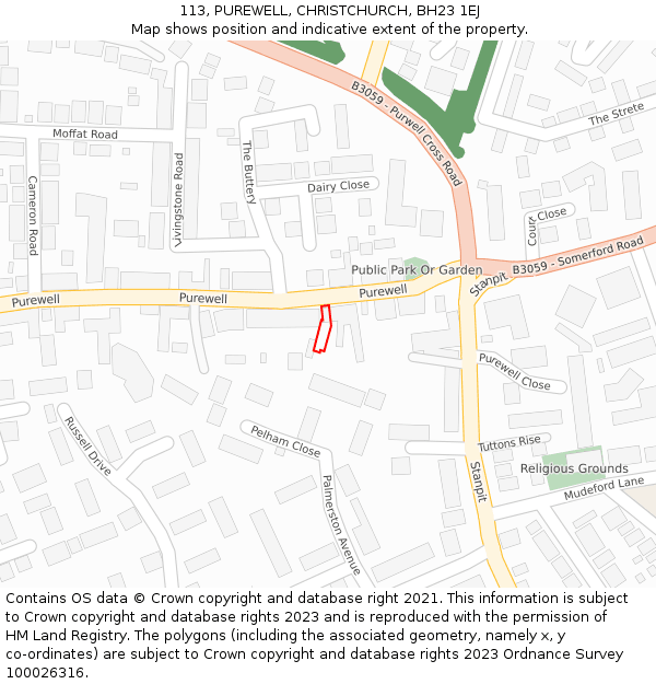 113, PUREWELL, CHRISTCHURCH, BH23 1EJ: Location map and indicative extent of plot