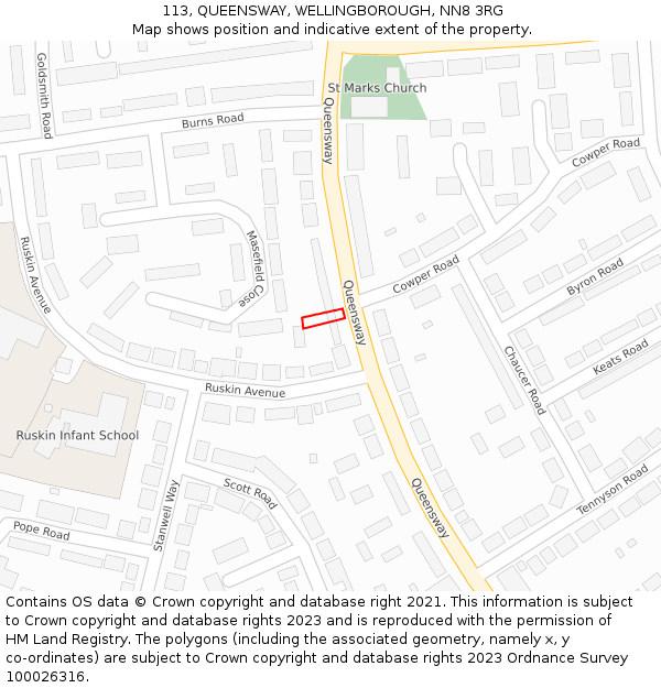 113, QUEENSWAY, WELLINGBOROUGH, NN8 3RG: Location map and indicative extent of plot