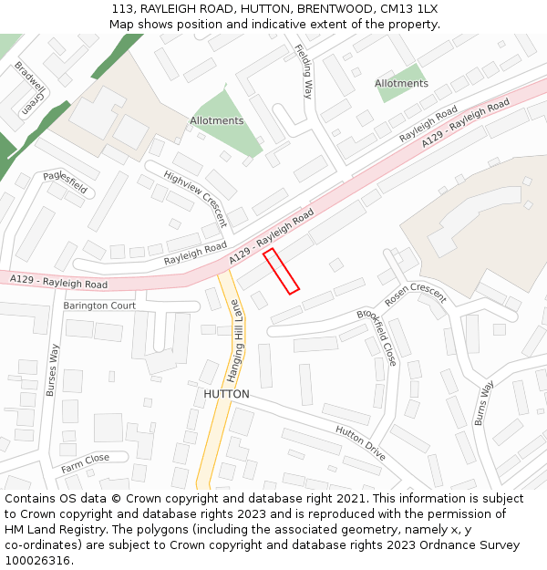 113, RAYLEIGH ROAD, HUTTON, BRENTWOOD, CM13 1LX: Location map and indicative extent of plot