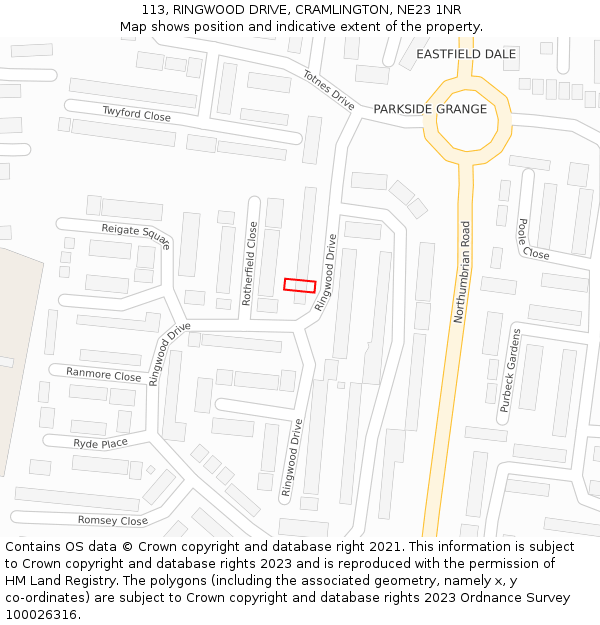 113, RINGWOOD DRIVE, CRAMLINGTON, NE23 1NR: Location map and indicative extent of plot