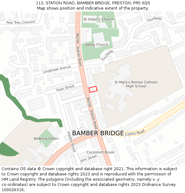 113, STATION ROAD, BAMBER BRIDGE, PRESTON, PR5 6QS: Location map and indicative extent of plot