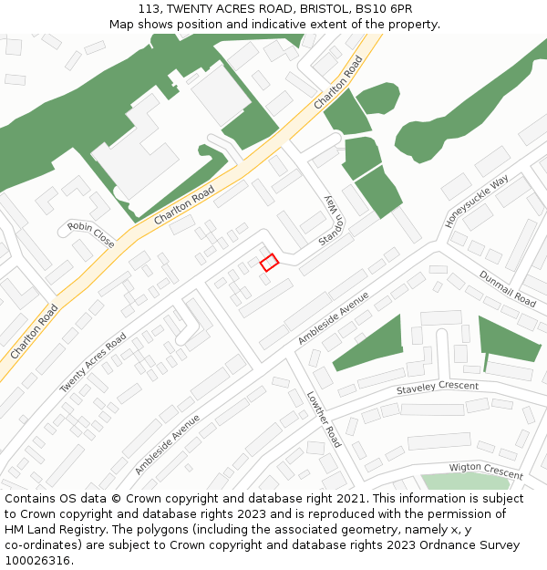 113, TWENTY ACRES ROAD, BRISTOL, BS10 6PR: Location map and indicative extent of plot