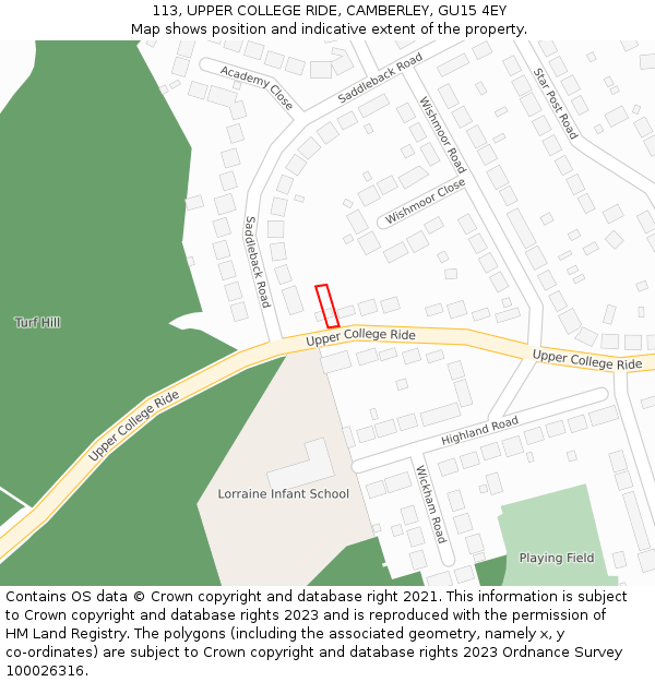 113, UPPER COLLEGE RIDE, CAMBERLEY, GU15 4EY: Location map and indicative extent of plot