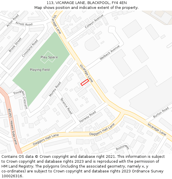 113, VICARAGE LANE, BLACKPOOL, FY4 4EN: Location map and indicative extent of plot