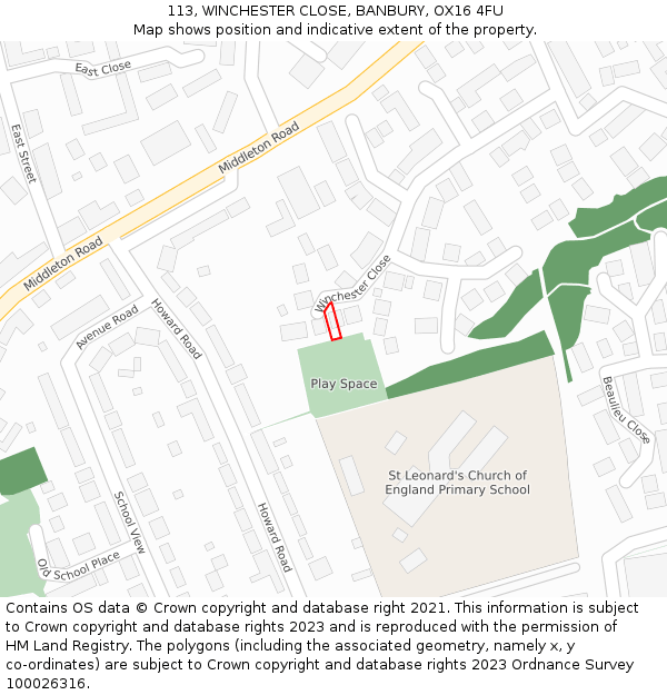 113, WINCHESTER CLOSE, BANBURY, OX16 4FU: Location map and indicative extent of plot