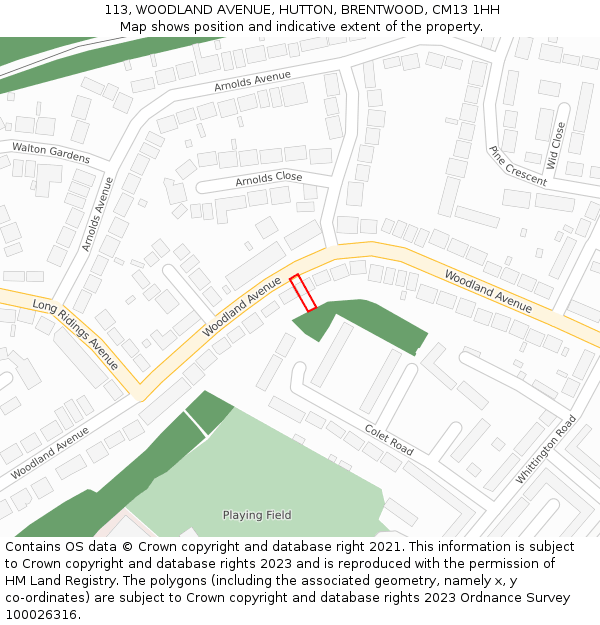 113, WOODLAND AVENUE, HUTTON, BRENTWOOD, CM13 1HH: Location map and indicative extent of plot