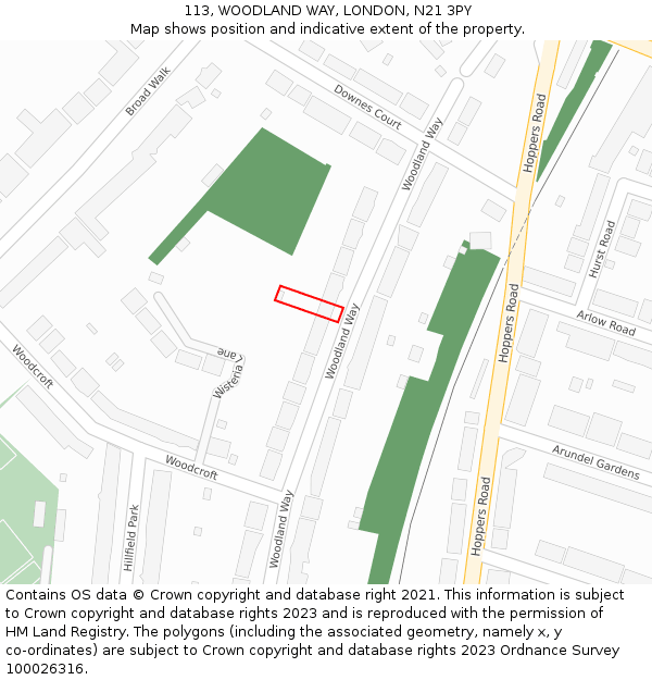 113, WOODLAND WAY, LONDON, N21 3PY: Location map and indicative extent of plot