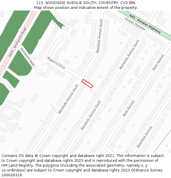 113, WOODSIDE AVENUE SOUTH, COVENTRY, CV3 6BL: Location map and indicative extent of plot