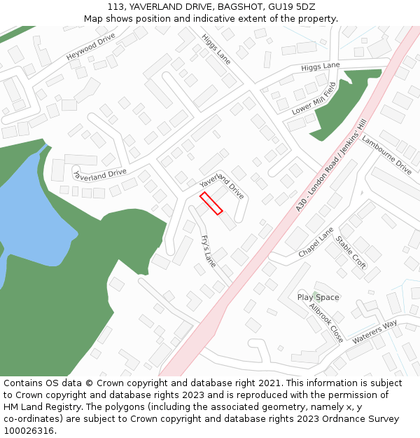 113, YAVERLAND DRIVE, BAGSHOT, GU19 5DZ: Location map and indicative extent of plot