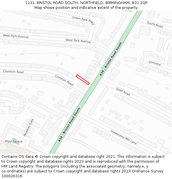 1131, BRISTOL ROAD SOUTH, NORTHFIELD, BIRMINGHAM, B31 2QP: Location map and indicative extent of plot