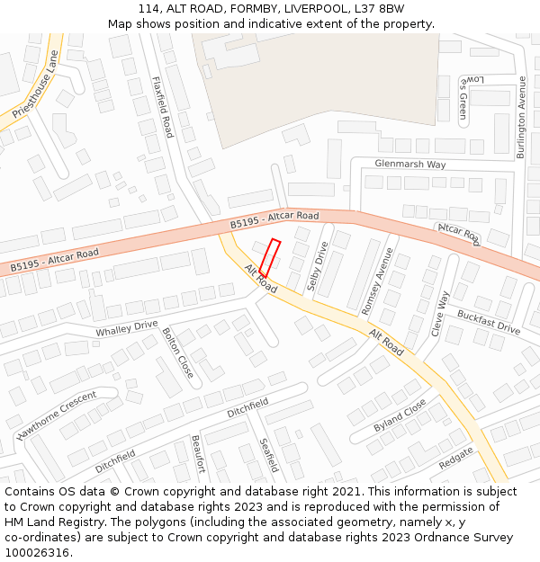 114, ALT ROAD, FORMBY, LIVERPOOL, L37 8BW: Location map and indicative extent of plot