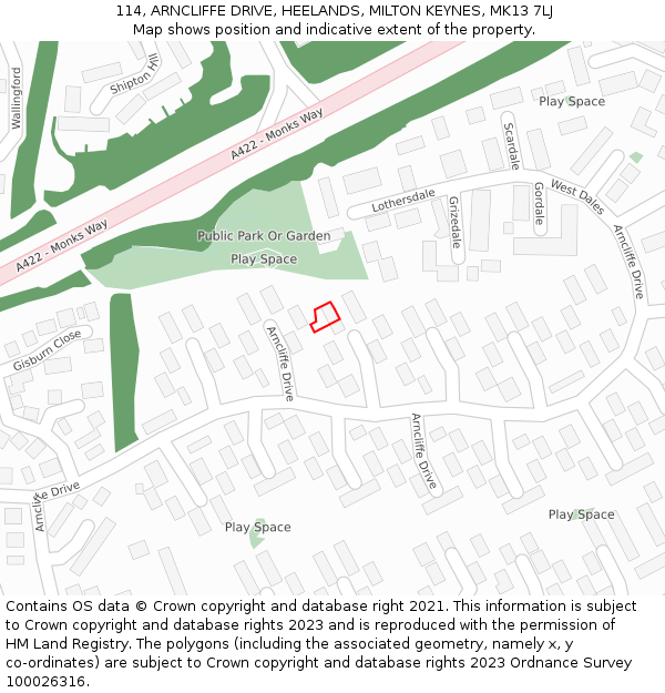 114, ARNCLIFFE DRIVE, HEELANDS, MILTON KEYNES, MK13 7LJ: Location map and indicative extent of plot