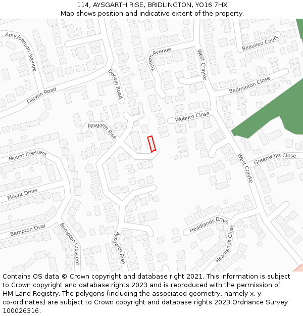 114, AYSGARTH RISE, BRIDLINGTON, YO16 7HX: Location map and indicative extent of plot