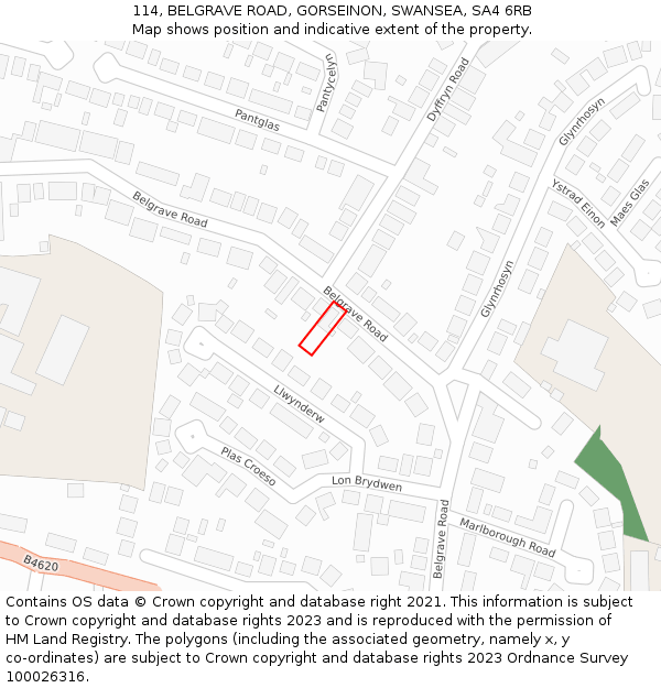 114, BELGRAVE ROAD, GORSEINON, SWANSEA, SA4 6RB: Location map and indicative extent of plot