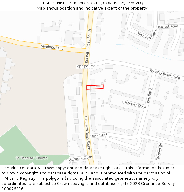 114, BENNETTS ROAD SOUTH, COVENTRY, CV6 2FQ: Location map and indicative extent of plot