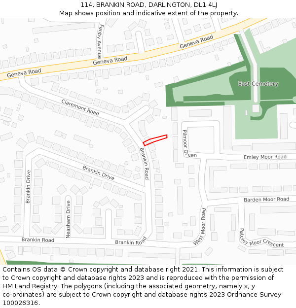 114, BRANKIN ROAD, DARLINGTON, DL1 4LJ: Location map and indicative extent of plot