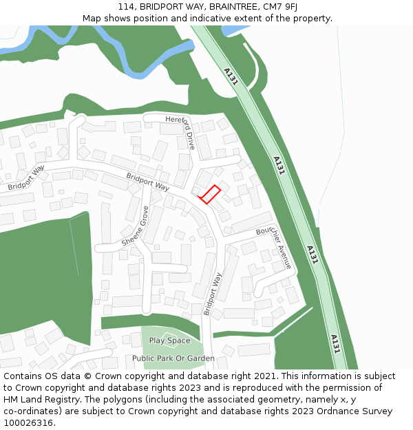 114, BRIDPORT WAY, BRAINTREE, CM7 9FJ: Location map and indicative extent of plot