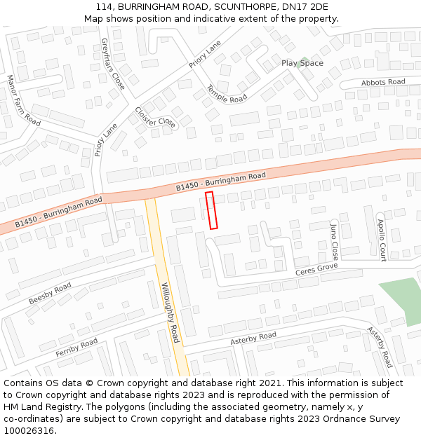 114, BURRINGHAM ROAD, SCUNTHORPE, DN17 2DE: Location map and indicative extent of plot