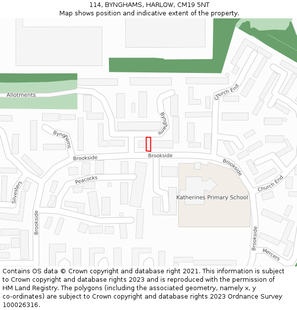 114, BYNGHAMS, HARLOW, CM19 5NT: Location map and indicative extent of plot