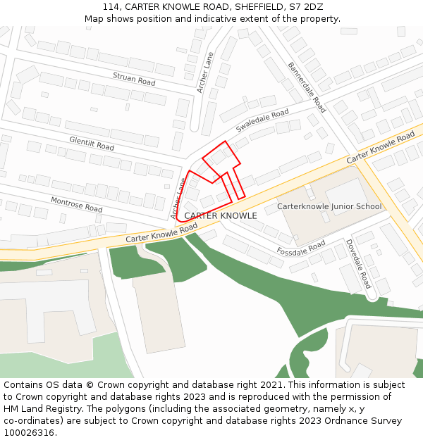 114, CARTER KNOWLE ROAD, SHEFFIELD, S7 2DZ: Location map and indicative extent of plot