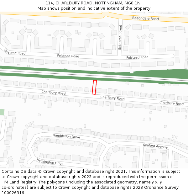 114, CHARLBURY ROAD, NOTTINGHAM, NG8 1NH: Location map and indicative extent of plot