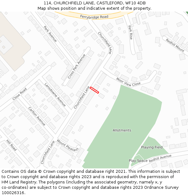 114, CHURCHFIELD LANE, CASTLEFORD, WF10 4DB: Location map and indicative extent of plot