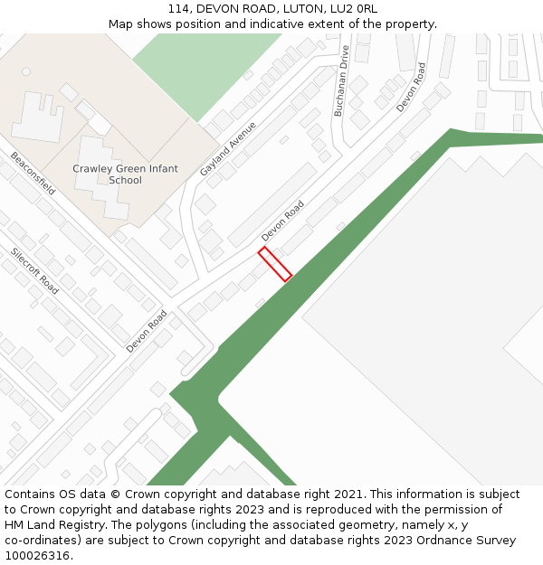 114, DEVON ROAD, LUTON, LU2 0RL: Location map and indicative extent of plot