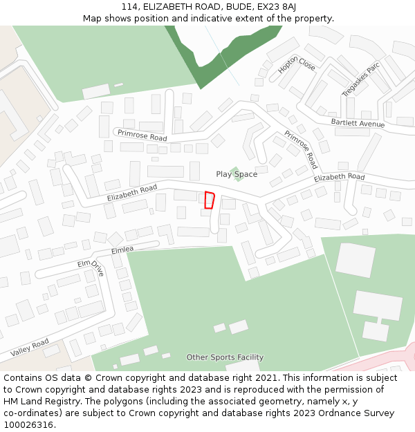 114, ELIZABETH ROAD, BUDE, EX23 8AJ: Location map and indicative extent of plot