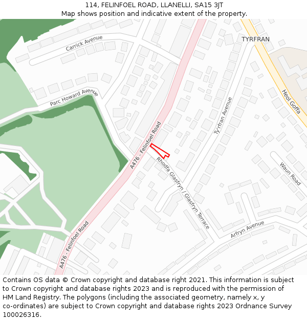 114, FELINFOEL ROAD, LLANELLI, SA15 3JT: Location map and indicative extent of plot
