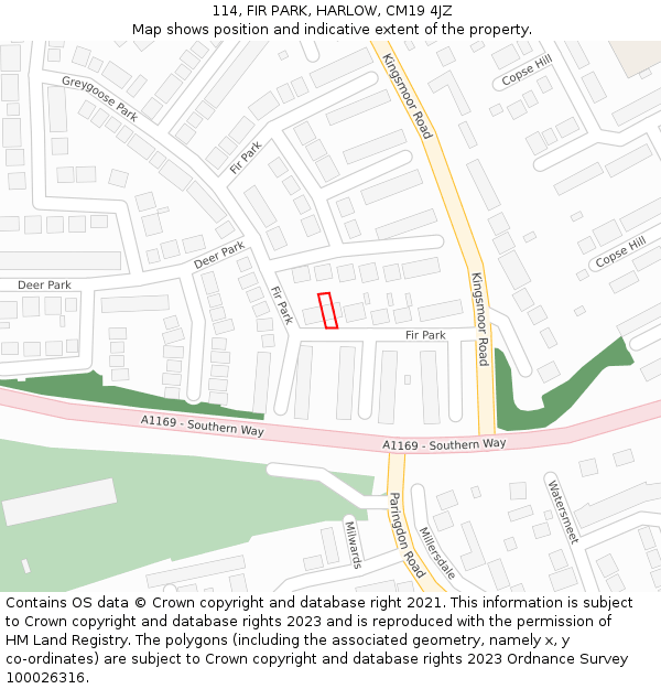 114, FIR PARK, HARLOW, CM19 4JZ: Location map and indicative extent of plot