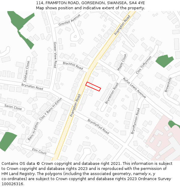 114, FRAMPTON ROAD, GORSEINON, SWANSEA, SA4 4YE: Location map and indicative extent of plot