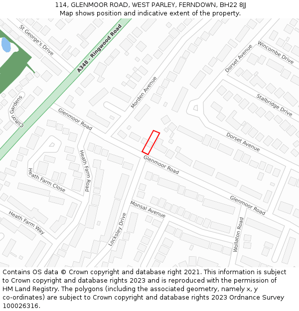 114, GLENMOOR ROAD, WEST PARLEY, FERNDOWN, BH22 8JJ: Location map and indicative extent of plot