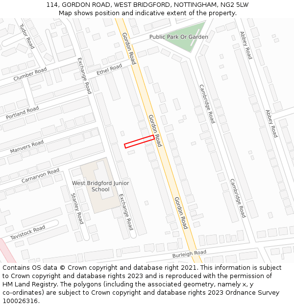 114, GORDON ROAD, WEST BRIDGFORD, NOTTINGHAM, NG2 5LW: Location map and indicative extent of plot