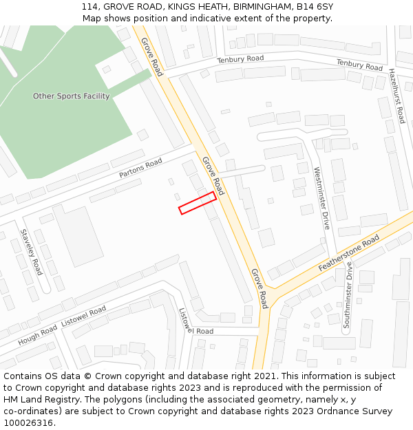 114, GROVE ROAD, KINGS HEATH, BIRMINGHAM, B14 6SY: Location map and indicative extent of plot