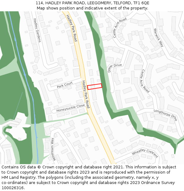 114, HADLEY PARK ROAD, LEEGOMERY, TELFORD, TF1 6QE: Location map and indicative extent of plot