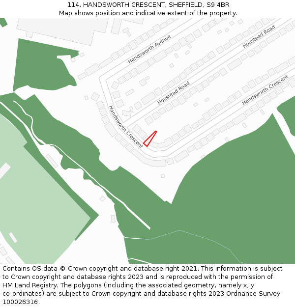 114, HANDSWORTH CRESCENT, SHEFFIELD, S9 4BR: Location map and indicative extent of plot