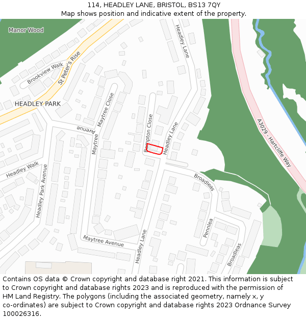 114, HEADLEY LANE, BRISTOL, BS13 7QY: Location map and indicative extent of plot