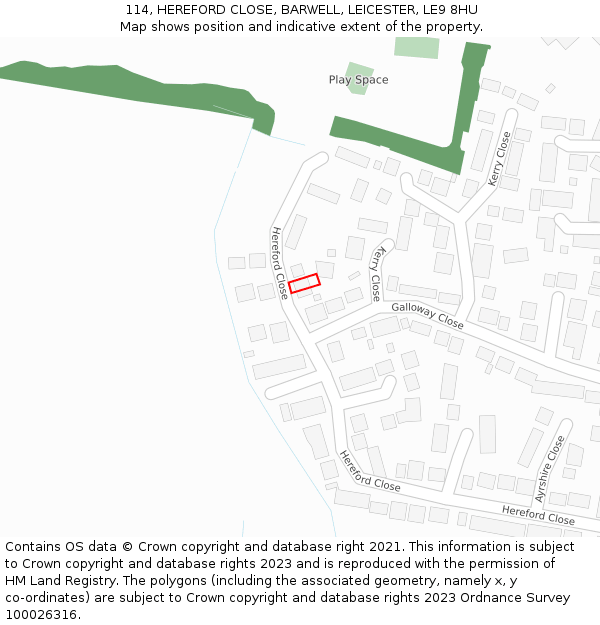 114, HEREFORD CLOSE, BARWELL, LEICESTER, LE9 8HU: Location map and indicative extent of plot