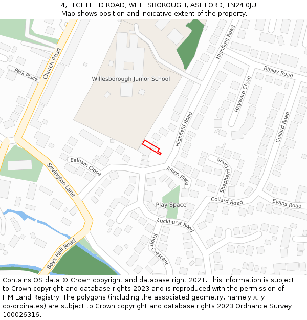 114, HIGHFIELD ROAD, WILLESBOROUGH, ASHFORD, TN24 0JU: Location map and indicative extent of plot