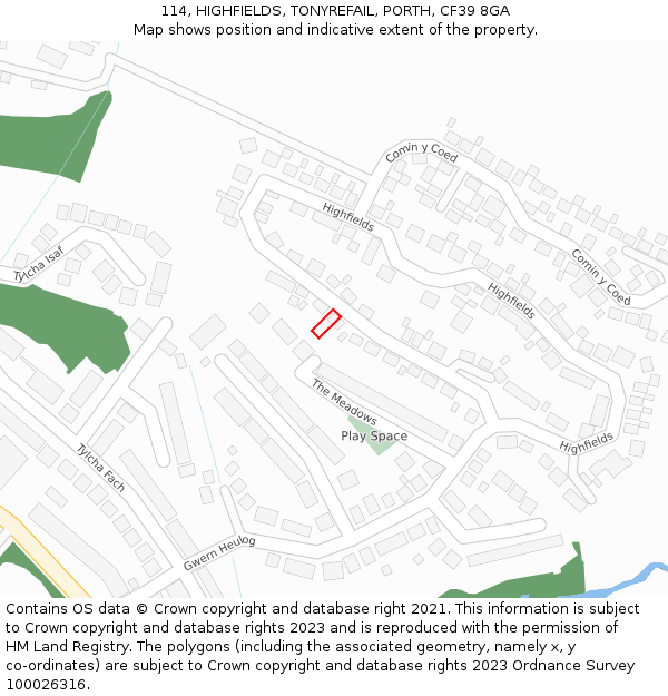 114, HIGHFIELDS, TONYREFAIL, PORTH, CF39 8GA: Location map and indicative extent of plot