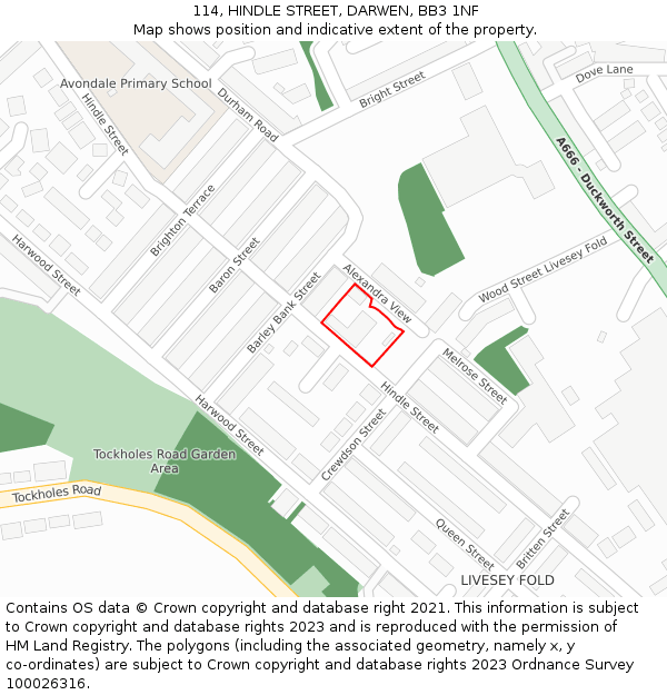 114, HINDLE STREET, DARWEN, BB3 1NF: Location map and indicative extent of plot