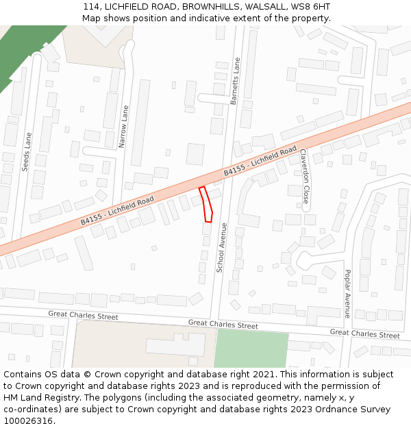 114, LICHFIELD ROAD, BROWNHILLS, WALSALL, WS8 6HT: Location map and indicative extent of plot