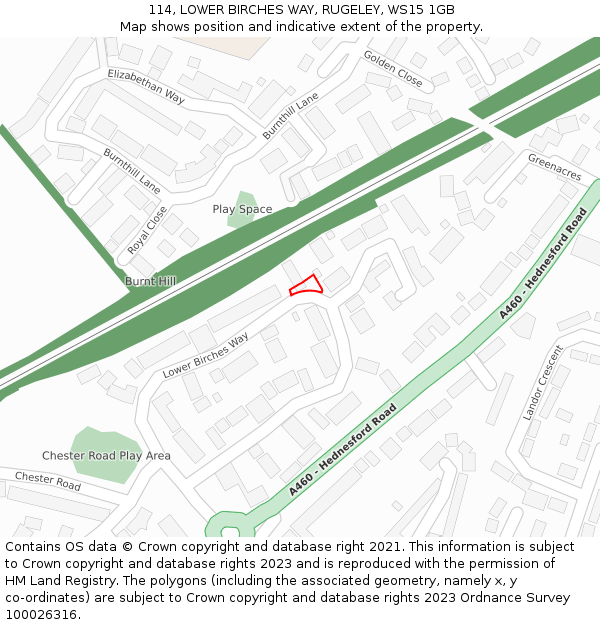 114, LOWER BIRCHES WAY, RUGELEY, WS15 1GB: Location map and indicative extent of plot