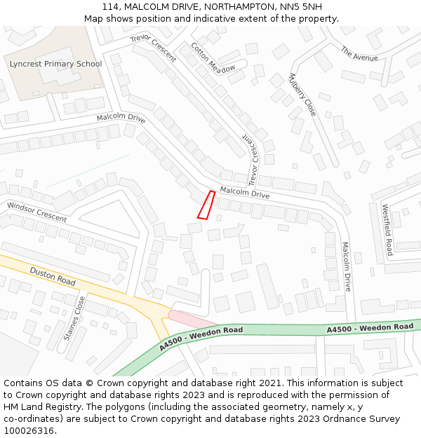 114, MALCOLM DRIVE, NORTHAMPTON, NN5 5NH: Location map and indicative extent of plot