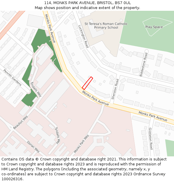 114, MONKS PARK AVENUE, BRISTOL, BS7 0UL: Location map and indicative extent of plot