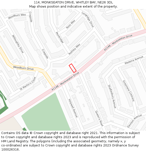 114, MONKSEATON DRIVE, WHITLEY BAY, NE26 3DL: Location map and indicative extent of plot