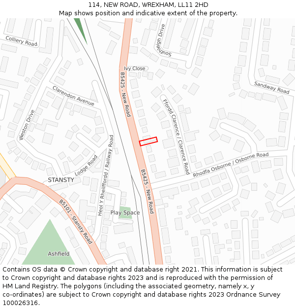 114, NEW ROAD, WREXHAM, LL11 2HD: Location map and indicative extent of plot