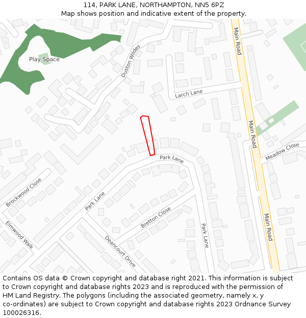 114, PARK LANE, NORTHAMPTON, NN5 6PZ: Location map and indicative extent of plot